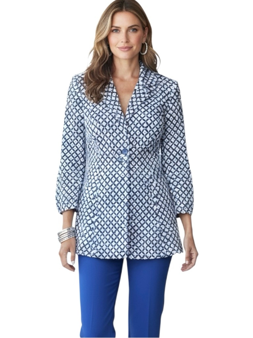 Pure Amici Blazer Geometric Print Buttons Blue White Stretching Jacket Sz S NWOT
